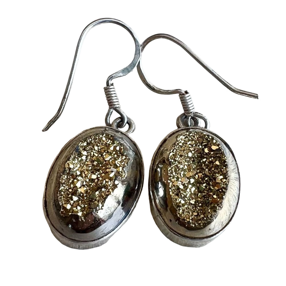 Gold glitter oval dangle drop earrings - Picture 1 of 6